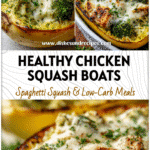 Baked chicken pesto spaghetti squash boats topped with cheesy broccoli and fresh herbs in a white dish